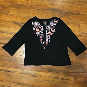 Bob Mackie Women’s L Wearable Art Cat Black Cardigan, Zipper, Embroidery